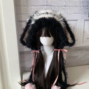 Furry Black and White Pirate Bunny Ear Hat with Pink Accents